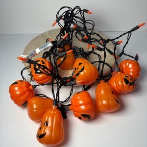 VTG Halloween Pumpkin Jack-O-Lantern String Lights Orange Black Plug-in‎ Decor
